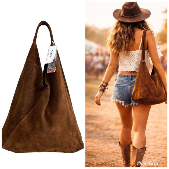 cheval Handbags - Cheval Italy Suede Leather Hobo Shoulder Bag Brown Oversized Tote Boho Hippie